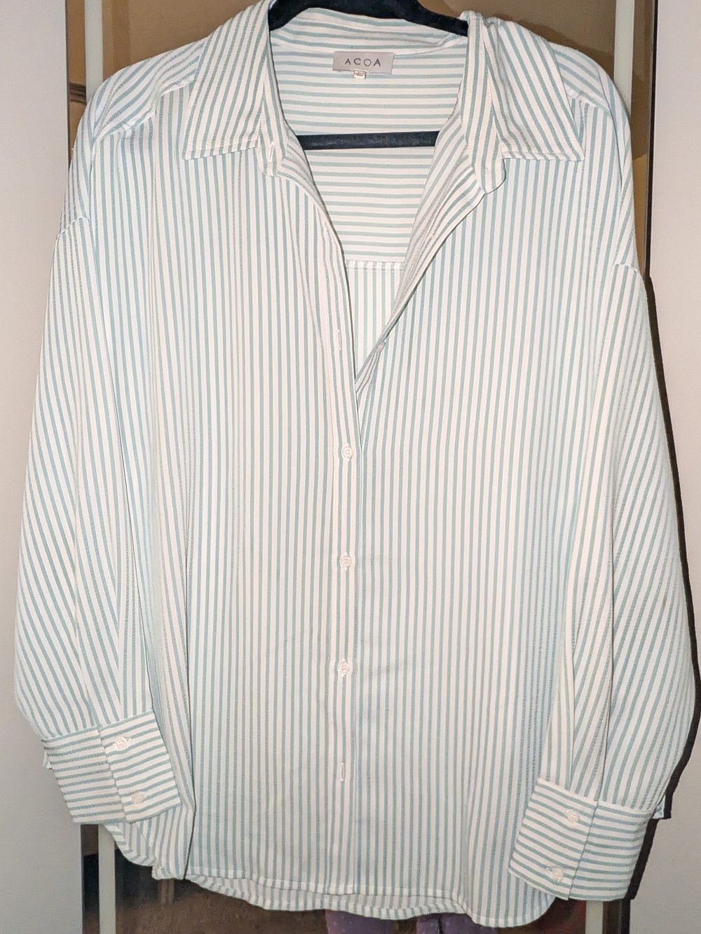 White & Light Green Striped Button-Up Shirt